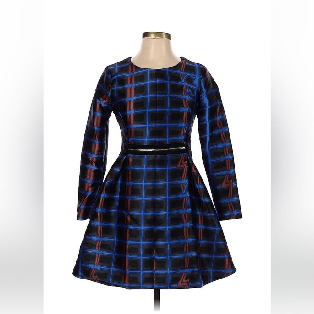 Unbranded long sleeved fit and flare electric check dress, size 2